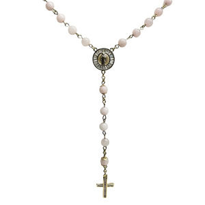 Our Lady of Guadalupe Pink Rosary Necklace Round Beads Cross Pendant NEW